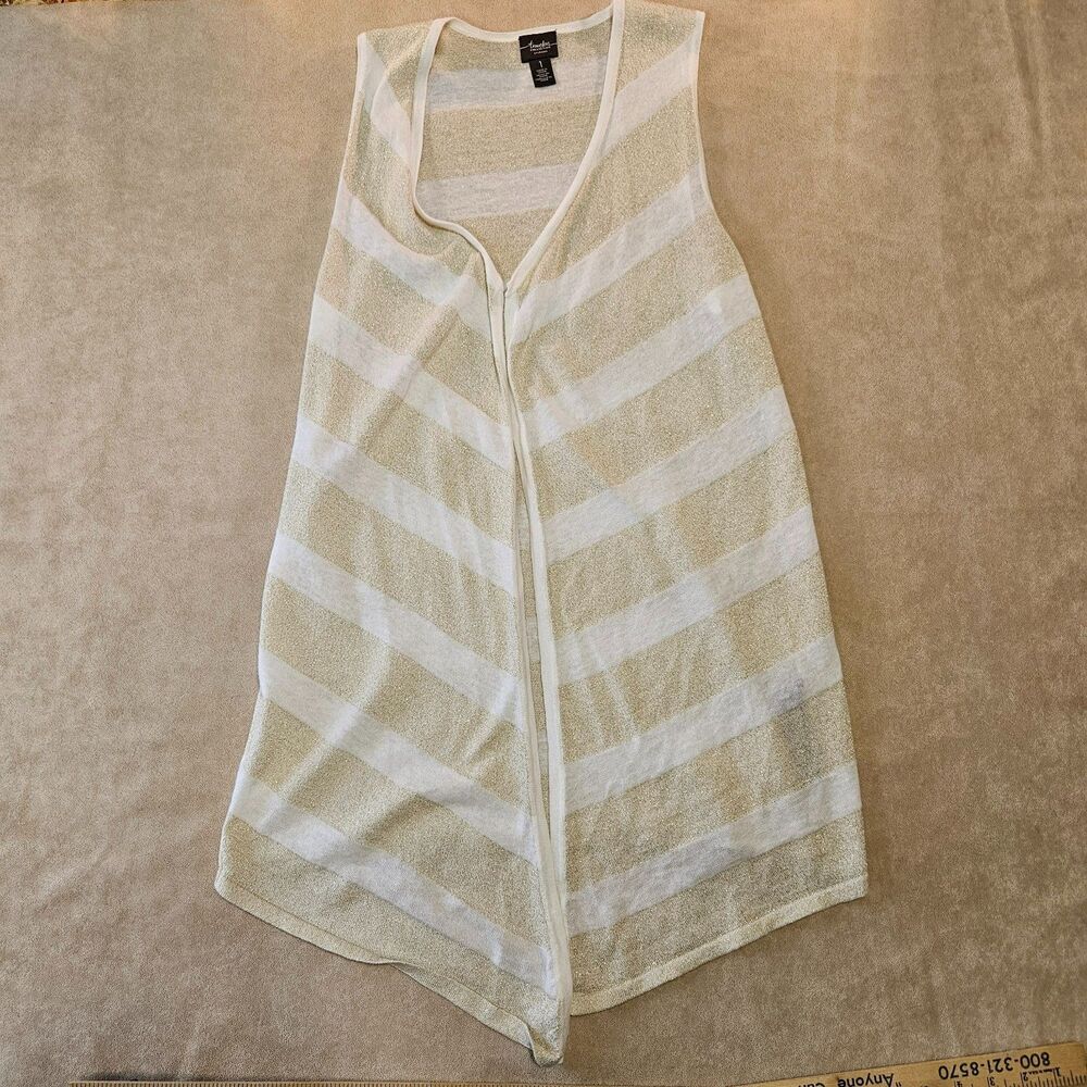 Chicos Travelers Open Front Drape White Gold Metallic Cardigan Sleeveless Vest 1